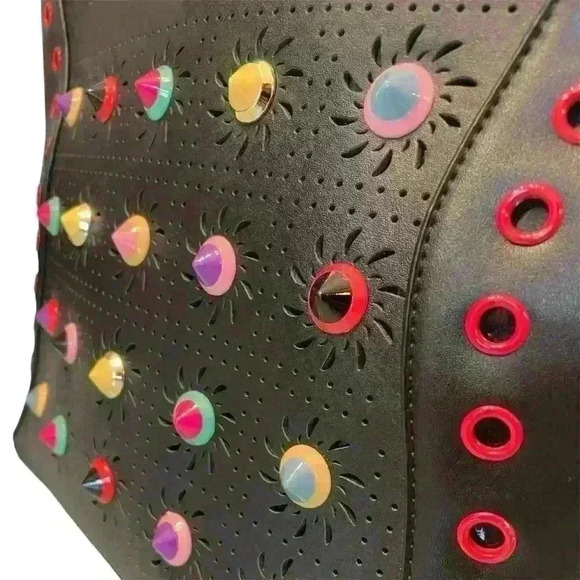 Black  Tote Bag Faux Leather Colorful Studs & Grommet Details, Large 80s Rock - Picture 2 of 16